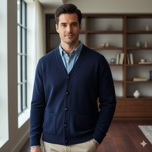 LL BEAN Mens Wool Cardigan Sweater Navy‎ Grandpa Grunge Indie Knit Size Large